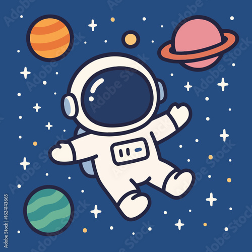 Illustration of cartoon illustration of an astronaut floating in space surrounded by planets and stars, a whimsical and adventurous image perfect for childrens books or spacethemed designs