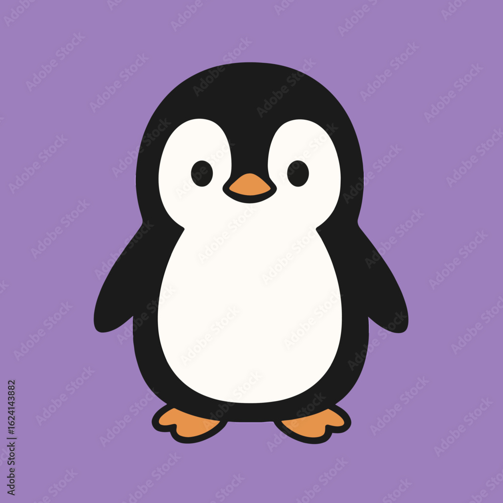 Fototapeta premium Illustration of cute penguin cartoon illustration, a kawaii and adorable bird character with a sweet face, perfect for childrens designs, cheerful and playful, isolated on a purple