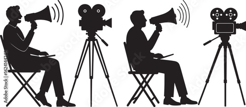 Two directors with megaphones and vintage cameras silhouette