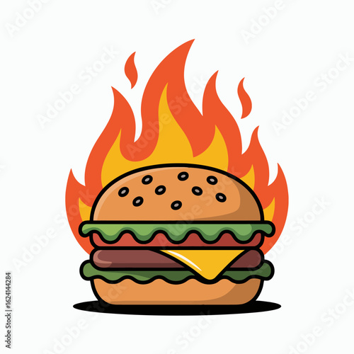 Illustration of a fiery burger with flames, perfect for fast food lovers and restaurant promotions ideal for foodthemed designs and delicious meal concepts