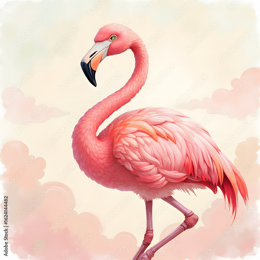 Obraz premium A graceful pink flamingo standing elegantly with soft watercolor clouds in pastel background.