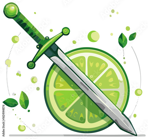 Stylized fantasy sword with a fresh lime slice acting as a shield vector illustration