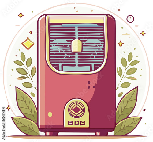 Retro air purifier with leaves and stars, vector illustration