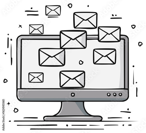 Computer screen displaying multiple email envelopes in a doodle style