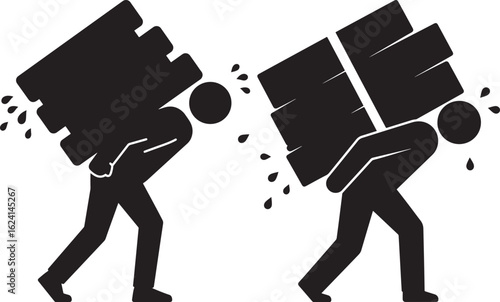 Two people carrying heavy loads silhouette