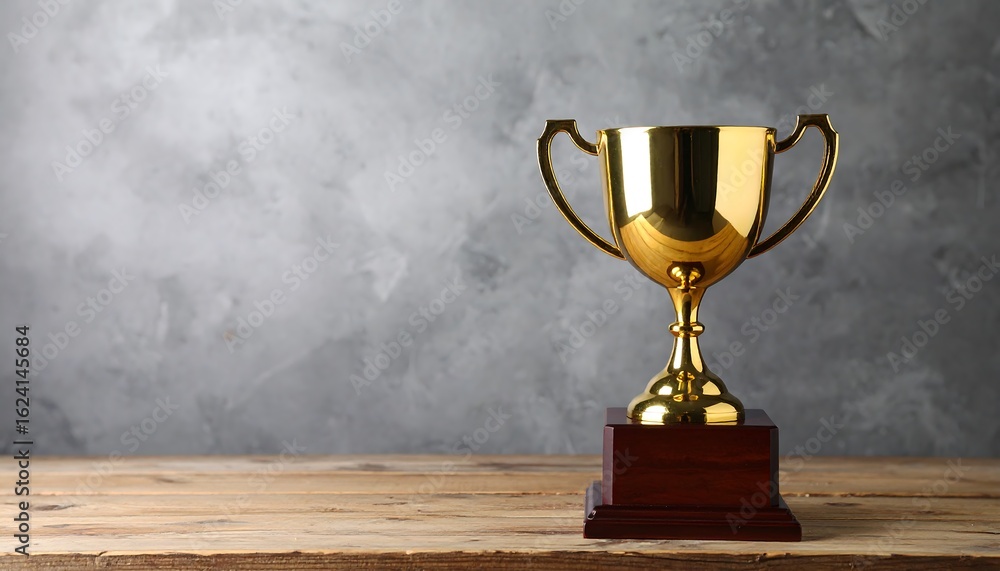 Golden trophy on wooden table Golden trophy on wooden table