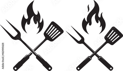 Crossed bbq utensils and flames silhouette