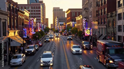 Nashville – Broadway Corridor with Neon Lights and Urban Activity at Golden Hour