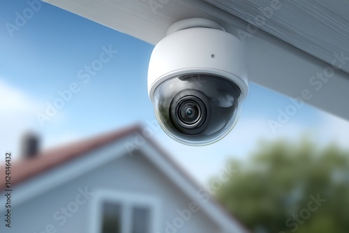 Modern security dome camera monitoring house with recording outside, and blurred background.