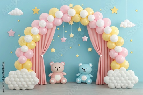 Whimsical teddy bear baby shower balloon arch and decorations
