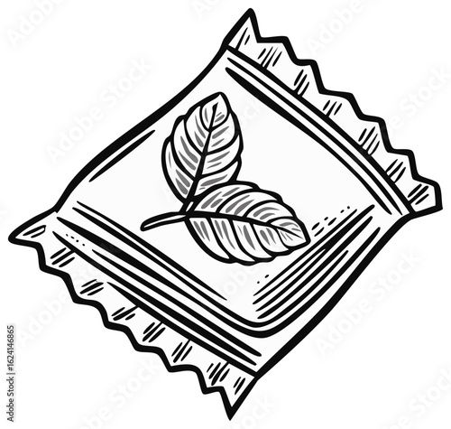 Wrapped herbal lozenge with mint leaf illustration, throat sweet in wrapper drawing