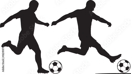 Two soccer players kicking ball silhouette