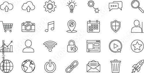 Extensive set of user interface icons, encompassing cloud upload, settings, bulb, chat, search, cart, camera, music, location, calendar, shield, account, graph, wifi, lock, browser, play, star, globe