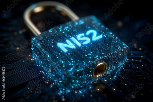 NIS2 Cybersecurity Secure Digital Lock Glowing on Circuit Board Background.