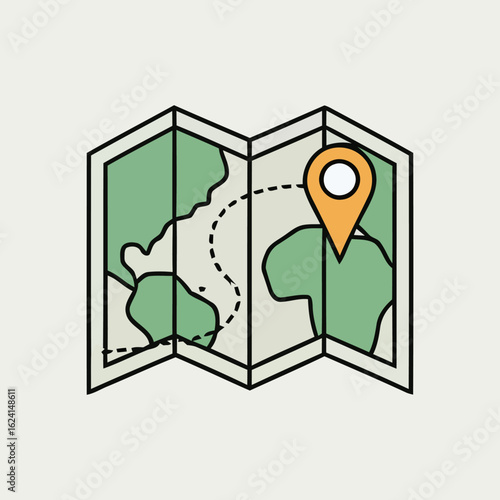 A simple illustration of a folded world map with a dotted route line and an orange location pin marking a destination. Perfect for travel and navigation concepts.