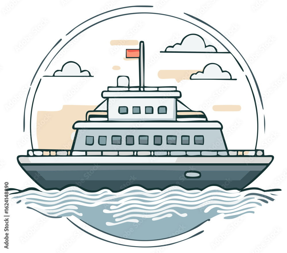 Obraz premium Illustrated large passenger ship sailing on ocean waves under a cloudy sky in a circular frame