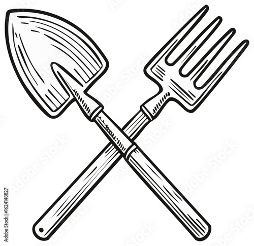 Crossed Garden Shovel and Fork Hand Drawn Vintage Engraved Illustration