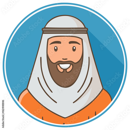Cartoon character of a smiling man wearing traditional head covering in a circle.