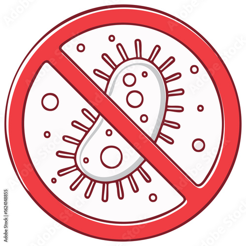 No Bacteria Sign with Red Circle Crossout Symbol Prevent Infection and Stop Virus Spread Hygiene and Sanitation