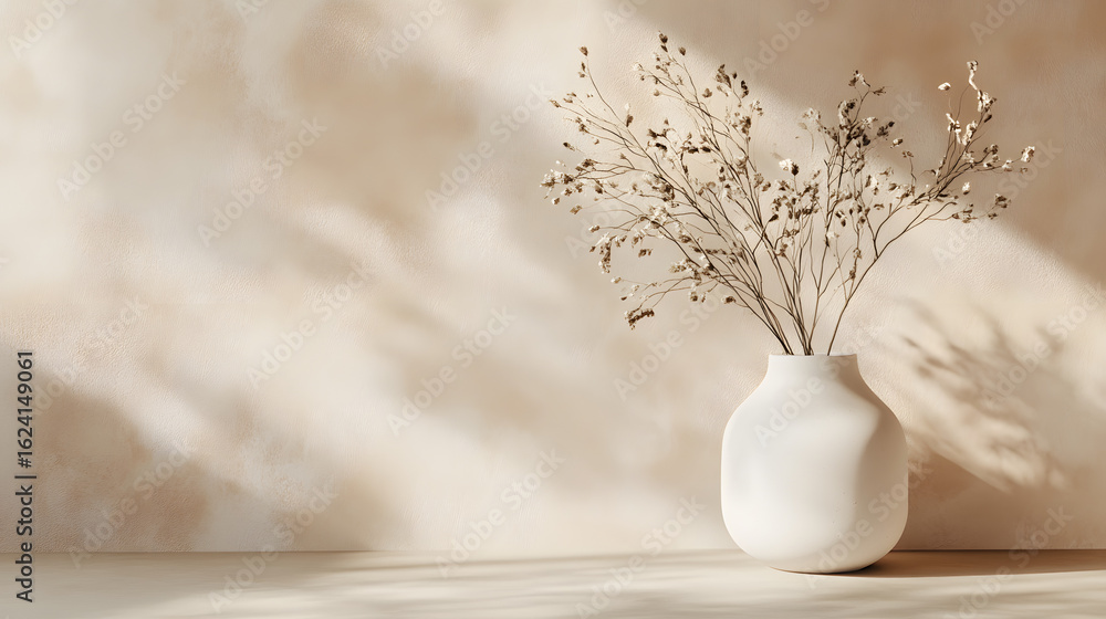 Fototapeta premium A plain light cream background with an aesthetic plant pot. Illustration for interior design background.