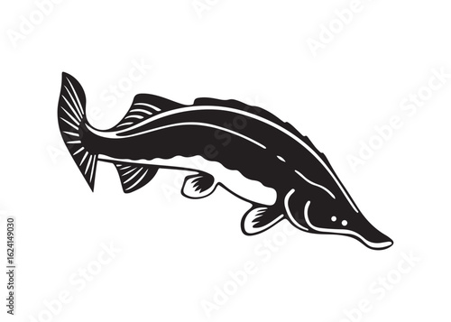 Lake Sturgeon Silhouette with Distinctive Fins, Barbels, and Elongated Body Profile.