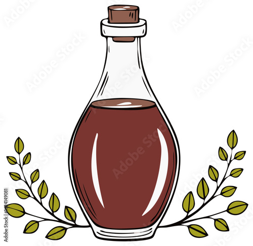 Hand drawn illustration of an elegant glass bottle with cork and green leafy branches