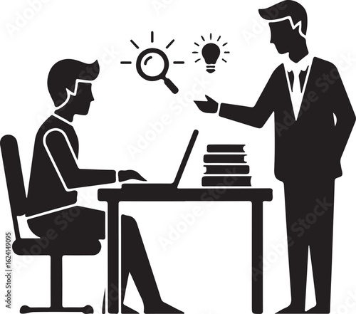 Two businessmen collaborating on a project with laptop and books collaboration teamwork