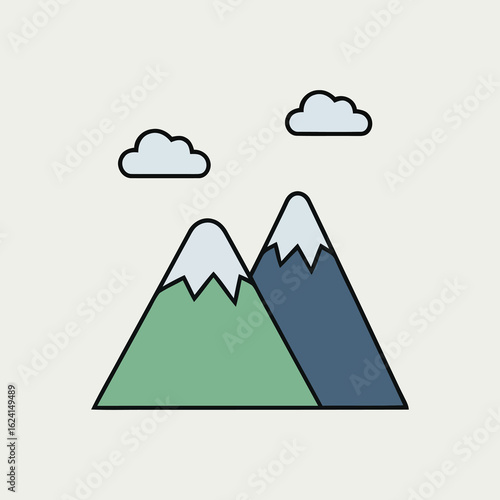 Two snow-covered mountain peaks with clouds above. A clean and modern flat line art illustration for nature and travel concepts.
