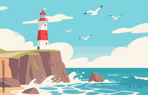 A lighthouse by the seaside with exquisite vector patterns.