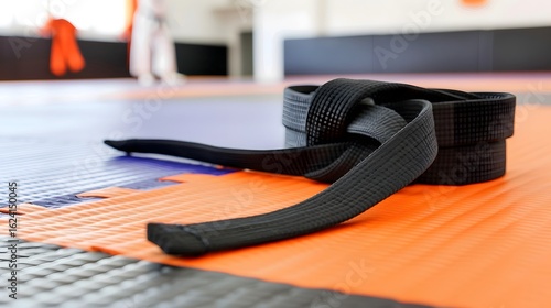 Black Martial Arts Belt on Dojo Mat in Training Space for Karate, Judo, or Taekwondo Practice