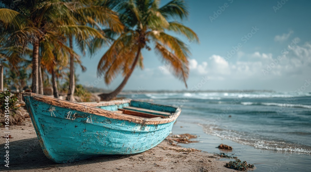 Weathered blue boat rests on sandy beach, palm trees and ocean in background (1) Weathered blue boat rests on sandy beach, palm trees and ocean in background (1)