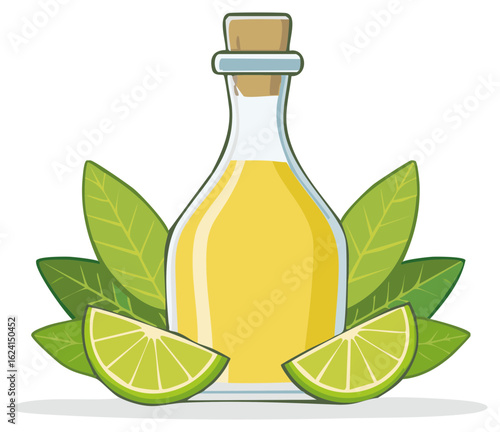 Glass bottle filled with yellow liquid and cork stopper surrounded by lime slices and green leaves