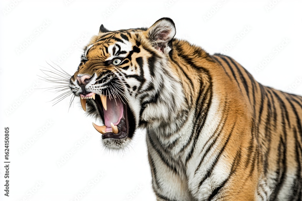 Naklejka premium Snarling Sumatran Tiger on White Background
