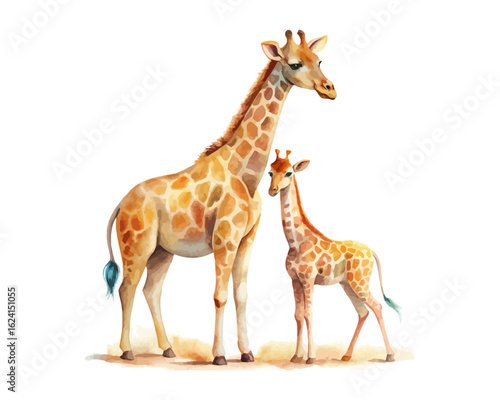 watercolor mother giraffe with her kid vector illustration isolated on white background