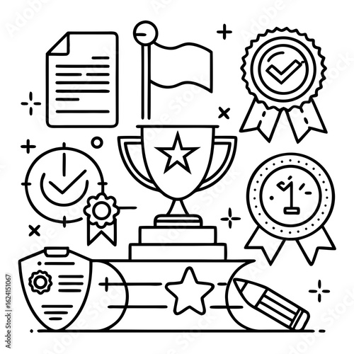 "B&W linear icons for success and achievement: finishing flag, career step medal, trophy with star, and performance certificate."