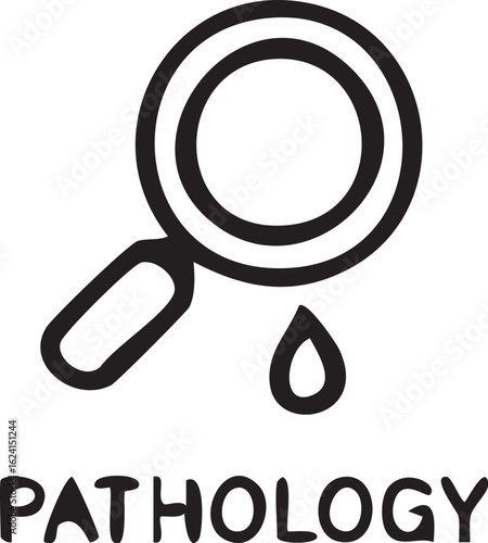 Pathology medical icon with magnifying glass and blood drop.