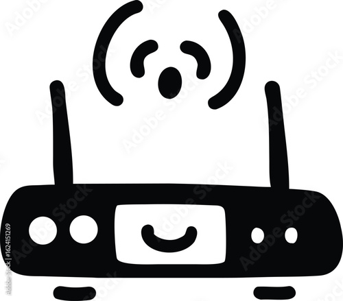 Black doodle-style icon of a Wi- Fi router with antennas and a smiling screen Wi-Fi internet