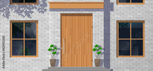 modern white brick house facade with wooden entrance door and windows potted plants exterior front view vector illustration