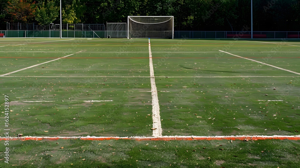 Fototapeta premium Empty Soccer Field with Goal and Overgrown Grass on a Sunny Day in Outdoor Sports Complex
