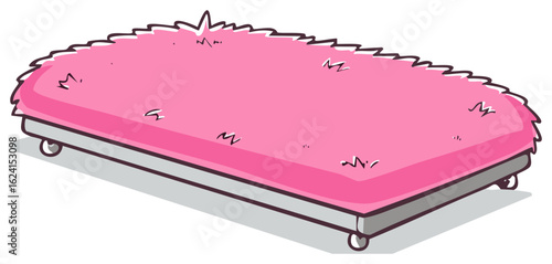 Cartoon Bed With Wheels and Pink Fluffy Blanket. Soft Platform Bed Frame Illustration