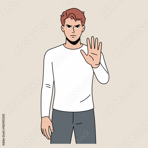 A serious man with red hair raises his hand in a stop gesture