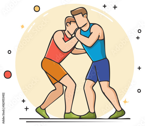 Wrestling competition between two strong men in sportswear, vector illustration style
