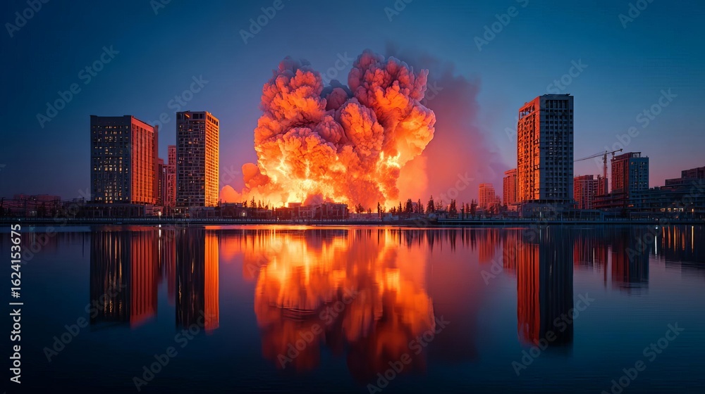 Fototapeta premium Vivid city skyline reflecting a dramatic explosion at dusk.