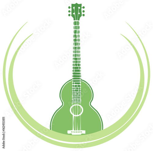 Stylized green acoustic guitar music logo icon with a circular swoosh emblem
