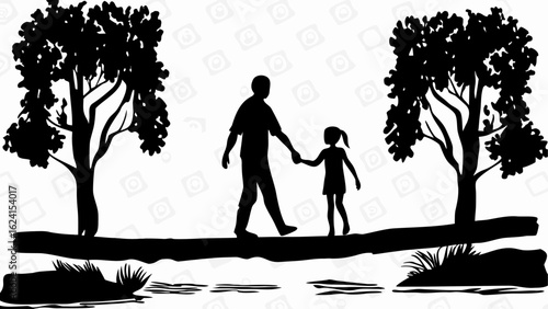 Silhouette of father and daughter walking on a log over water between two trees in nature scene