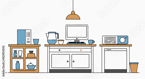 Stylized Illustration of a Modern Workspace with Computer, Appliances, and Storage Units