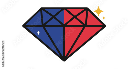 Vibrant Faceted Diamond with Contrasting Blue and Red Hues and Glimmering Star Accents
