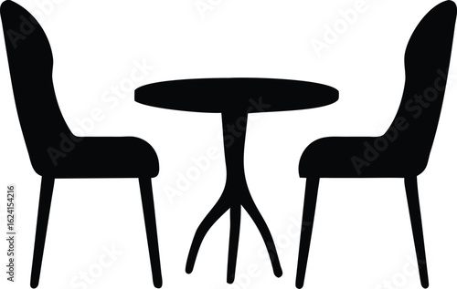 Black silhouette of a round table with two modern chairs on a white background furniture dining