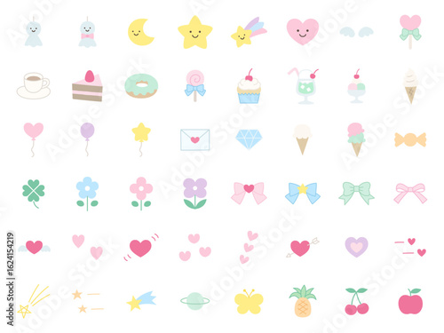 かわいいアイコンセットのベクターイラスト。飾り、ハート、お菓子、星、リボン、装飾