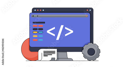 Illustration of software development interface, showing coding symbols, system structure and software engineering process for developers